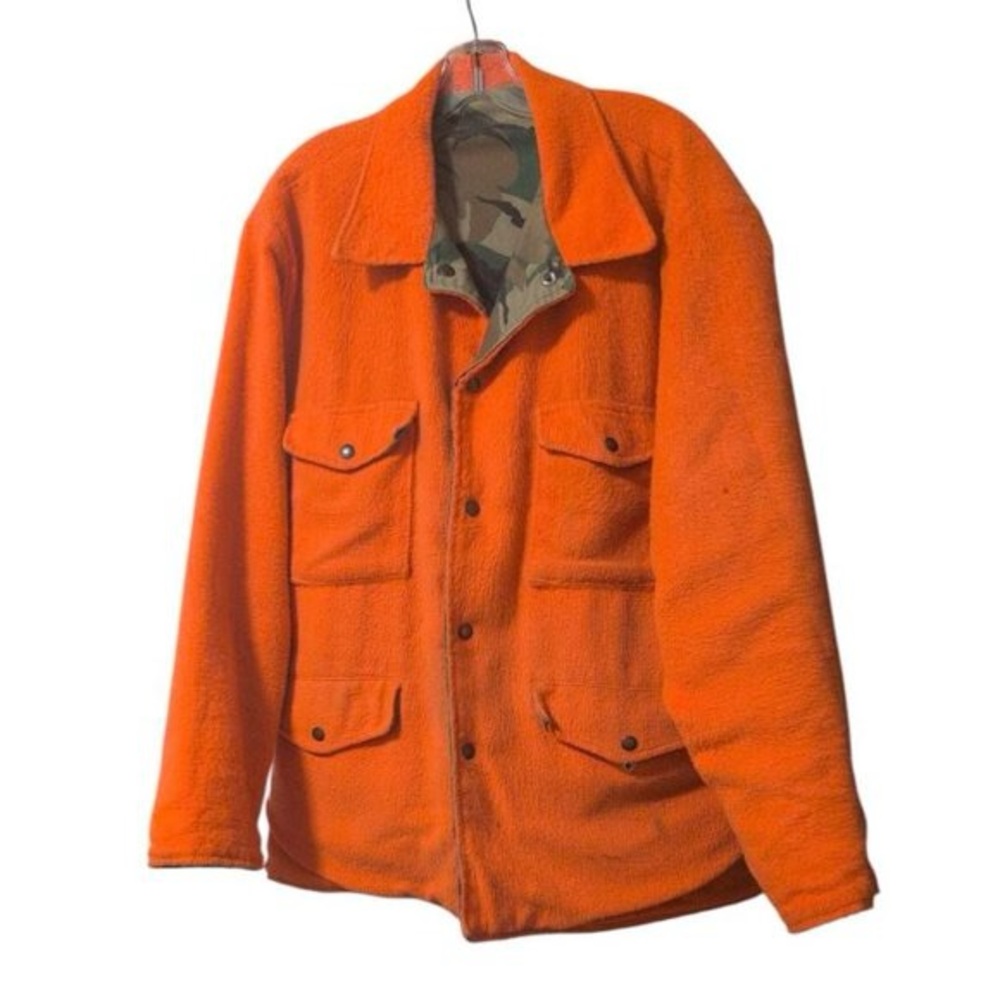 Vintage Camo Jacket Sports Hunting Orange Reversible Field Snap up Cargo Coat